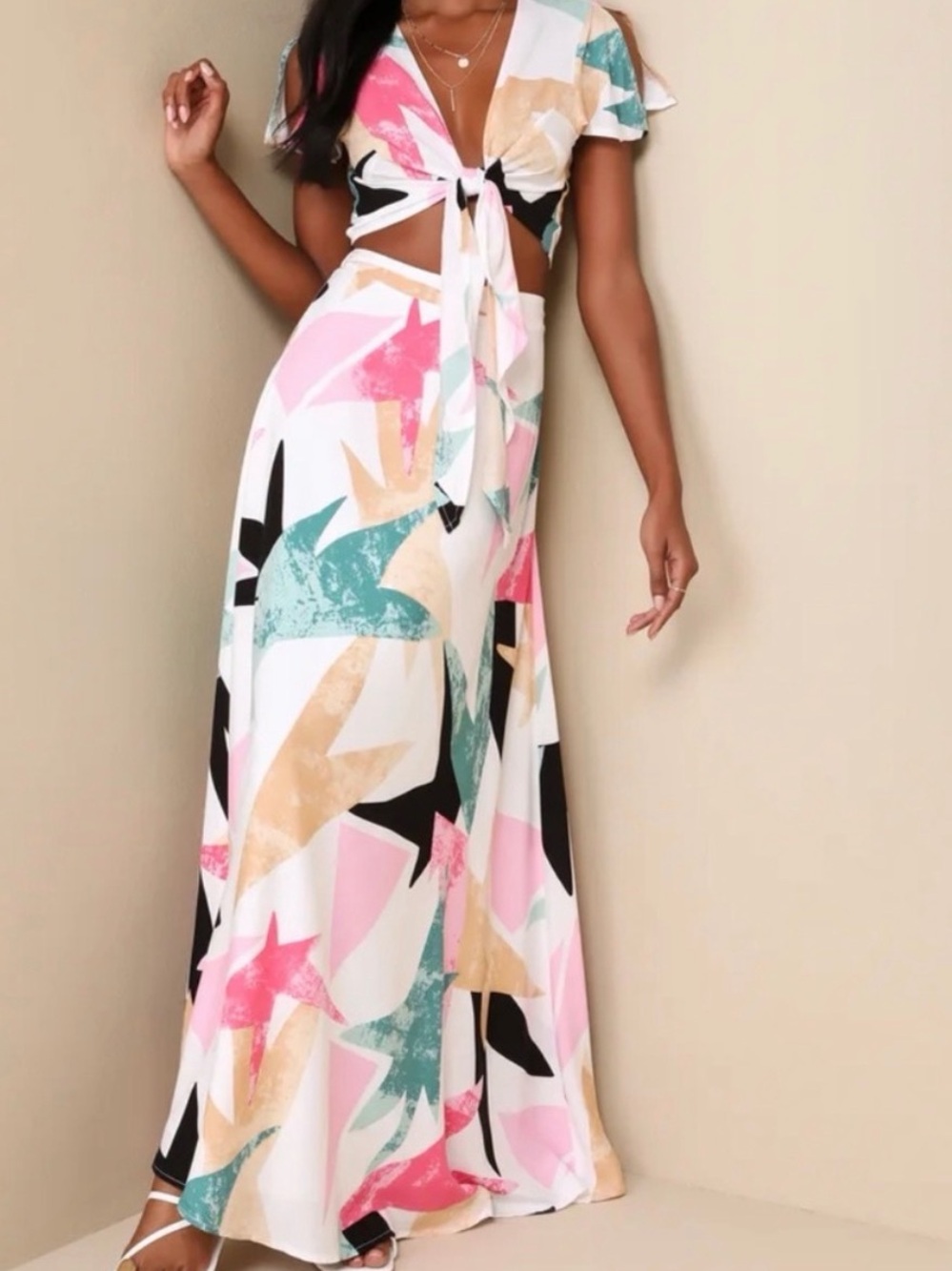 Lulu's Pastel Abstract Tie-Front 2 Piece Maxi Dress in Pink, Teal, Beige & Black